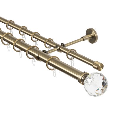 Карниз для штор двухрядный 300 см, настенный, штанги 25 мм и 16 мм, Шар кристальный, золото антик