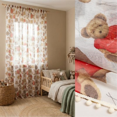 Тюль под лён "Мишутка" с помпонами, 300х270 см, цвет бежевый