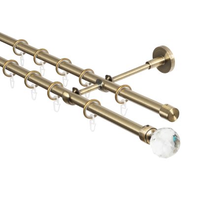 Карниз для штор двухрядный 300 см, настенный, штанги 16 мм, Шар кристальный, золото антик