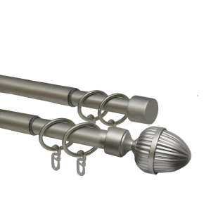 Карниз телескопический двухрядный, металл, Наконечник Орех, Никель матовый, 160-320см