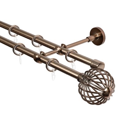 Карниз для штор двухрядный, настенный, штанги 16 мм, Шар кованый, коньяк