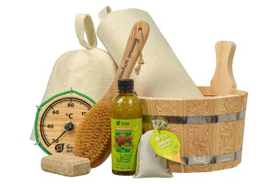 Подарочный набор "Добрый жар" 8 предметов (ушат, шапка, коврик, термометр, щётка, ароматизатор, соляная плитка, запарка) "Банные штучки"