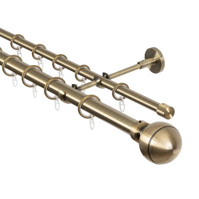 Карниз для штор двухрядный 200 см, настенный, штанги 25 мм и 16 мм, Шар резной, золото антик