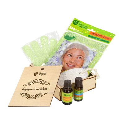 Набор "Подарок с любовью" для нее  в дерев. коробочке (мочалка, шапочка для душа, пемза, масло эф. 2х15мл "Мята", "Апелисин") "Банные штучки"