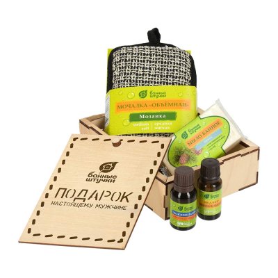 Набор "Подарок настоящему мужчине" для него в дерев. коробочке (мочалка, мыло "Пихта", масло эф. 2х15мл "Можжевльник", "Эвкалипт") "Банные штучки"