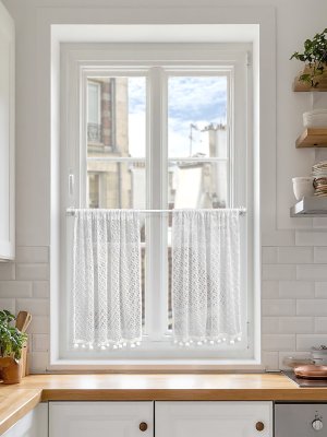 Комплект Шторы-Кафе с помпонами, размер 130х60 см, 2 шт, цвет белый