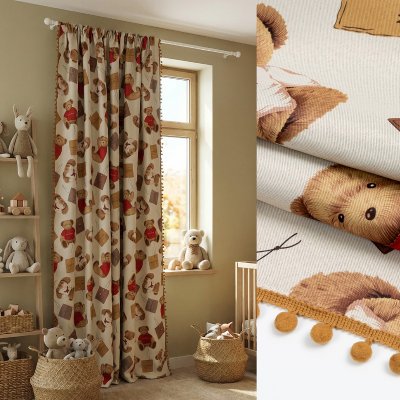 Штора на тесьме Димаут "Мишутка" с помпонами, 200х270 см, цвет бежевый