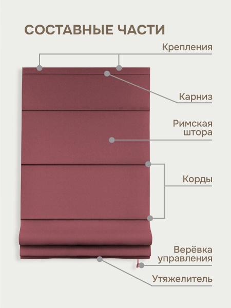 Римская штора на верёвочном механизме, Blackout, цвет ягодный