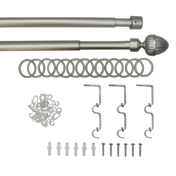Карниз телескопический двухрядный, металл, Наконечник Орех, Никель матовый, 160-320см