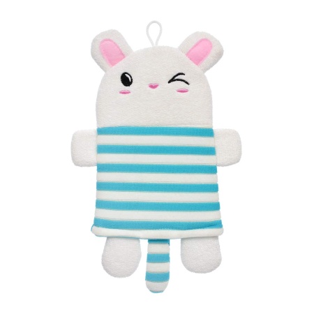 Мочалка варежка для нежной и чувствительной кожи "Зайчик в матроске" с надписью "Давай поиграем", 27x17,5 см, soft, для бани и сауны,"Банные штучки"