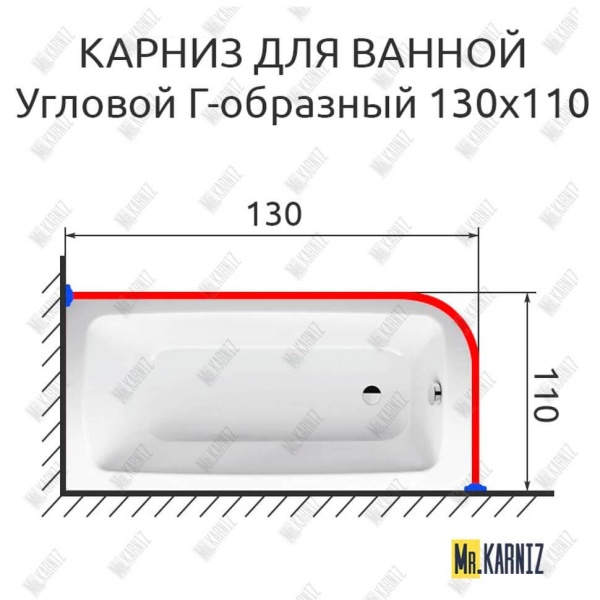 Карниз для ванной Угловой Г образный 130х110 Усиленный 20 мм