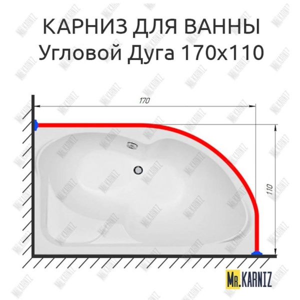 Карниз для ванной Угловой Асимметричный Дуга 170х110 Усиленный 25 мм