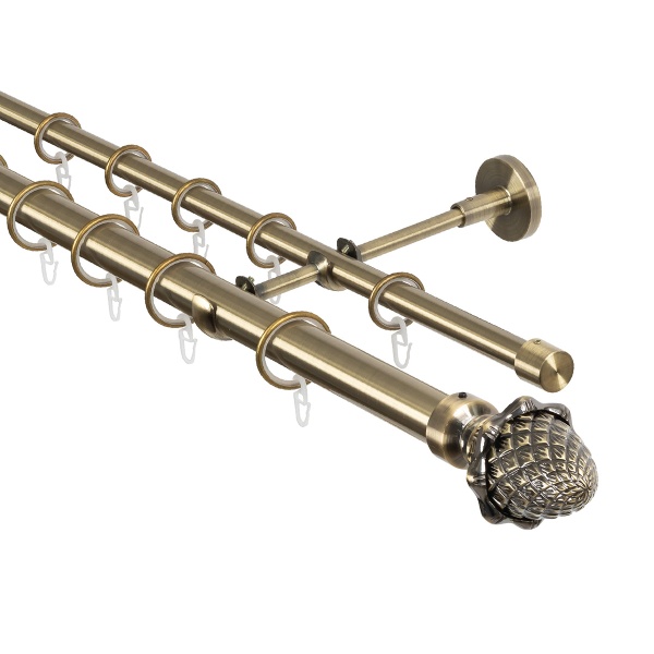 Карниз для штор двухрядный 300 см, настенный, штанги 25 мм и 16 мм, Шишка, золото антик