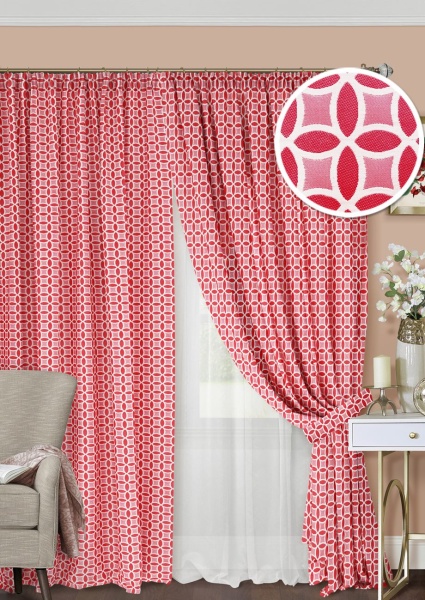 Комплект штор на тесьме "Lubawa" 2 шторы 200х270, тюль 450х270 красный
