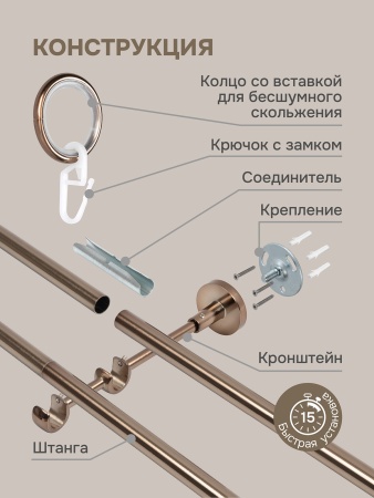 Карниз для штор двухрядный, настенный, штанги 16 мм, Шар Гелий, коньяк