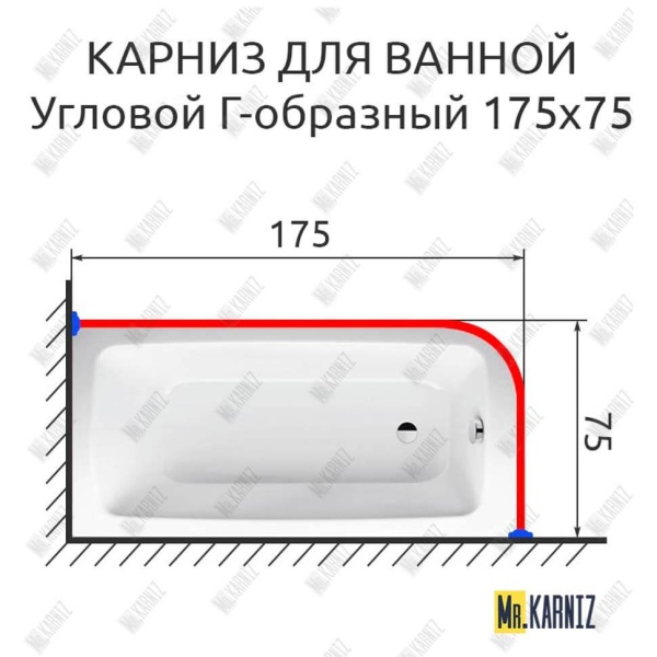 Карниз для ванной Угловой Г образный 175х75 Усиленный 20 мм