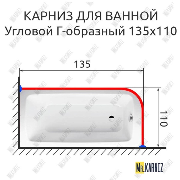Карниз для ванной Угловой Г образный 135х110 Усиленный 20 мм