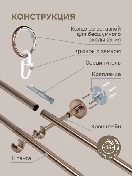Карниз для штор двухрядный, настенный, штанги 16 мм, Шар резной, коньяк