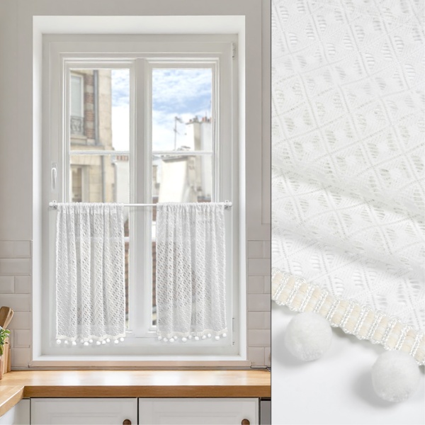 Комплект Шторы-Кафе с помпонами, размер 120х65 см, 2 шт, цвет белый