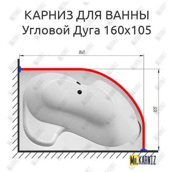 Карниз для ванной Угловой Асимметричный Дуга 160х105 Усиленный 25 мм