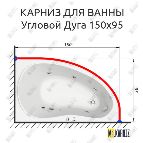 Карниз для ванной Угловой Асимметричный Дуга 150х95 Усиленный 20 мм