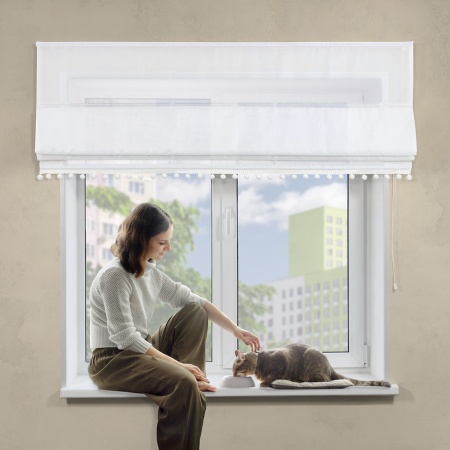 Римская штора с помпонами, Сабрина на верёвочном механизме, цвет экрю