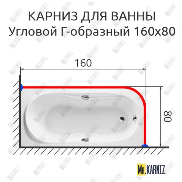 Карниз для ванной Угловой Г образный 160х80 Усиленный 25 мм