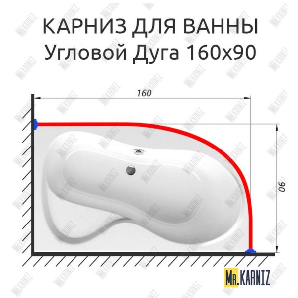 Карниз для ванной Угловой Асимметричный Дуга 160х90 Усиленный 20 мм