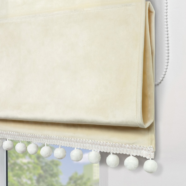 Римская штора с помпонами Марсель, на цепочном механизме, цвет ванильный 