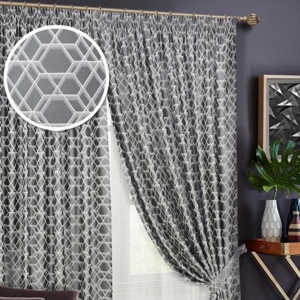 Комплект штор на тесьме "Almaz" 2 шторы 200х270, тюль 450х270 серый темный