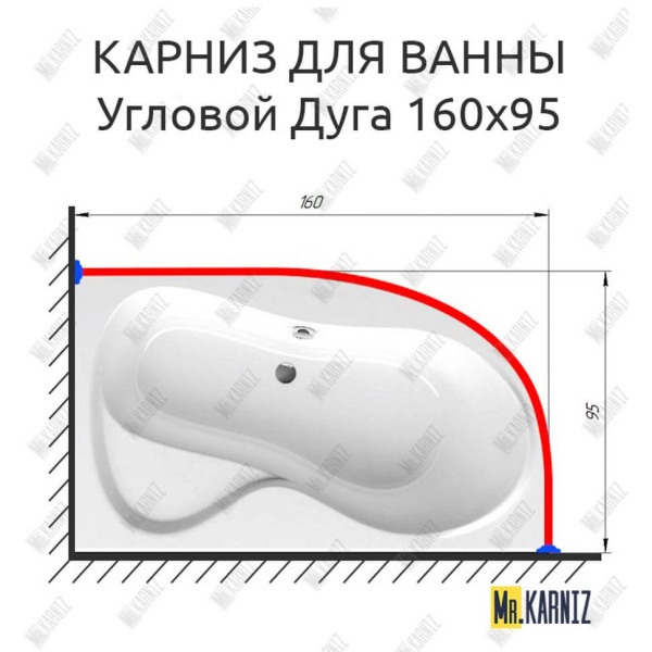 Карниз для ванной Угловой Асимметричный Дуга 160х95 Усиленный 20 мм
