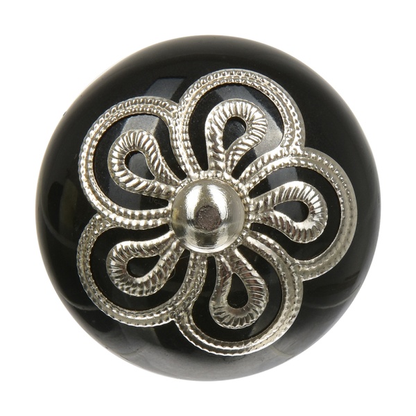 Ручки керамические для мебели Антиквариат-серебро цвет черный рисунок серебряный (6 шт)