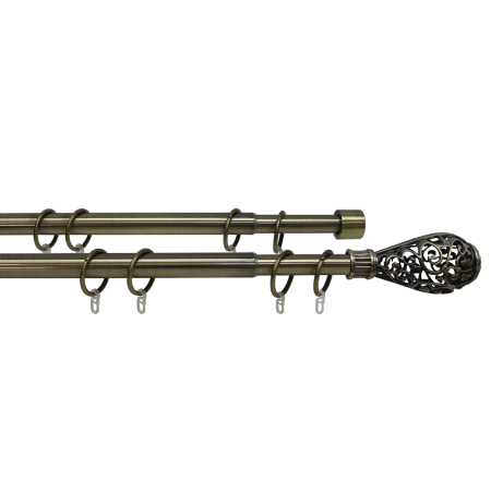 Карниз телескопический двухрядный, металл, Наконечник Кружево, Золото антик, 160-320см