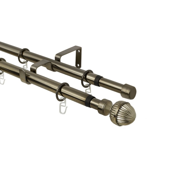 Карниз телескопический двухрядный, металл, Наконечник Орех, Золото антик, 160-320см