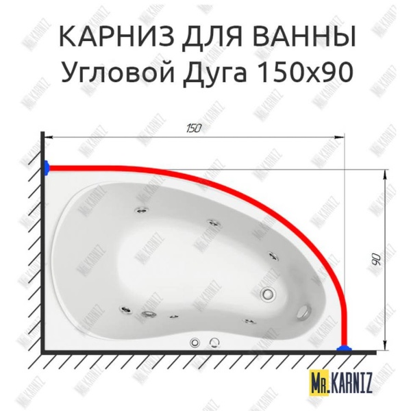 Карниз для ванной Угловой Асимметричный Дуга 150х90 Усиленный 20 мм