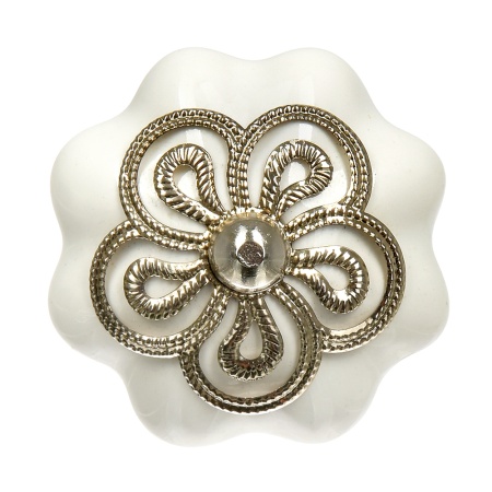 Ручки керамические для мебели Цветок антиквариат цвет белый рисунок серебряный (6 шт)