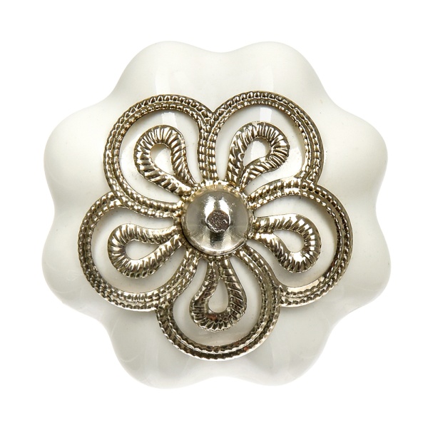 Ручки керамические для мебели Цветок антиквариат цвет белый рисунок серебряный (6 шт)
