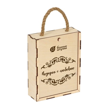 Набор "Подарок с любовью" для нее  в дерев. коробочке (мочалка, шапочка для душа, пемза, масло эф. 2х15мл "Мята", "Апелисин") "Банные штучки"