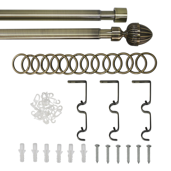 Карниз телескопический двухрядный, металл, Наконечник Орех, Золото антик, 160-320см