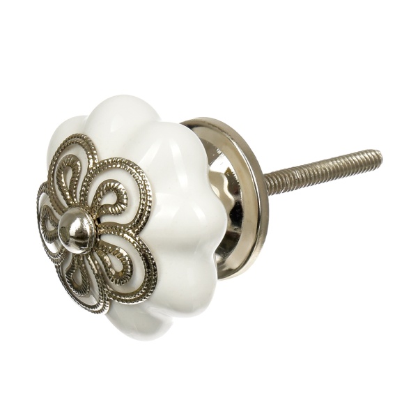 Ручки керамические для мебели Цветок антиквариат цвет белый рисунок серебряный (6 шт)