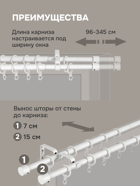 Карниз для штор двухрядный, от 96 до 345 см сборный, телескопический, диаметр 16/19 мм, белый