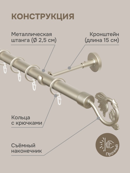 Карниз для штор 200 см, настенный, штанга 25 мм, Гербарий, матовый никель