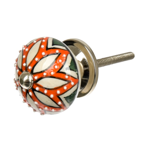 Ручки керамические для мебели Лотос королевский ручная роспись цвет белый рисунок оранжевый (6 шт)