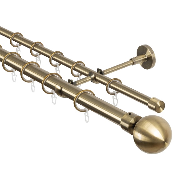 Карниз для штор двухрядный 350 см, настенный, штанги 25 мм и 16 мм, Шар на ножке, золото антик