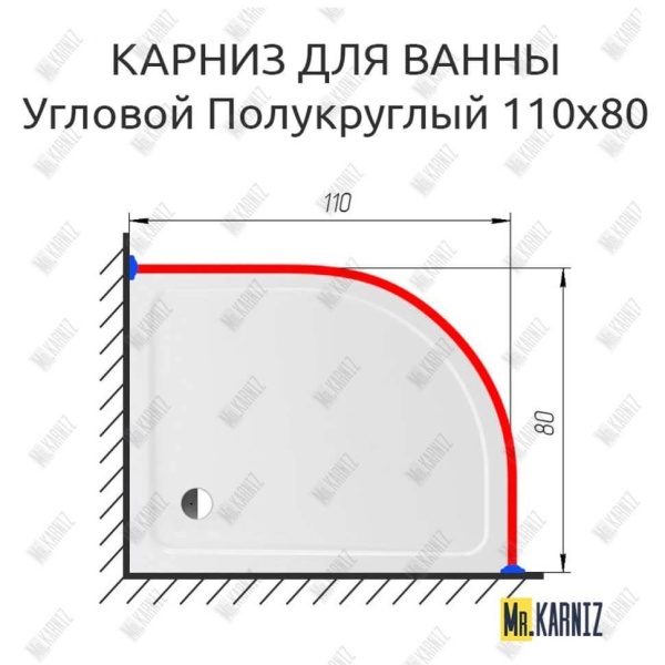 Карниз для душа Угловой Полукруглый 110х80 Усиленный 25 мм