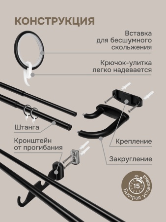 Карниз раздвижной двухрядный с закруглением 150-280см, черный