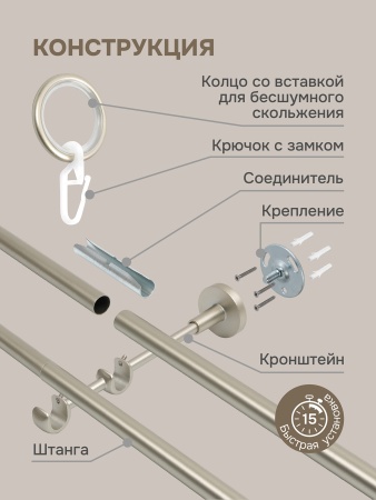 Карниз для штор двухрядный, настенный, штанги 16 мм, Шар классический, матовый никель