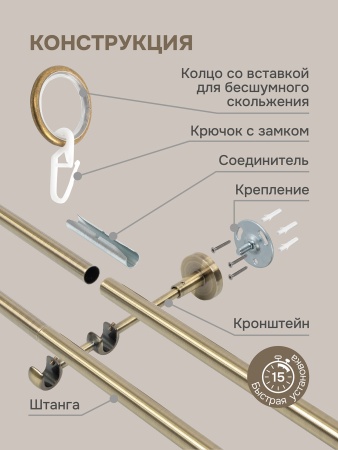 Карниз для штор двухрядный 300 см, настенный, штанги 25 мм и 16 мм, Шар кристальный, золото антик