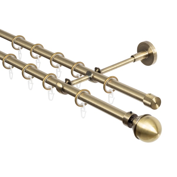 Карниз для штор двухрядный, настенный, штанги 16 мм, Шар в оправе, золото антик