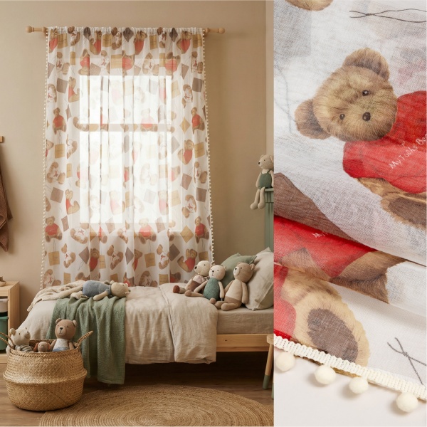 Тюль под лён "Мишутка" с помпонами, 200х270 см, цвет бежевый